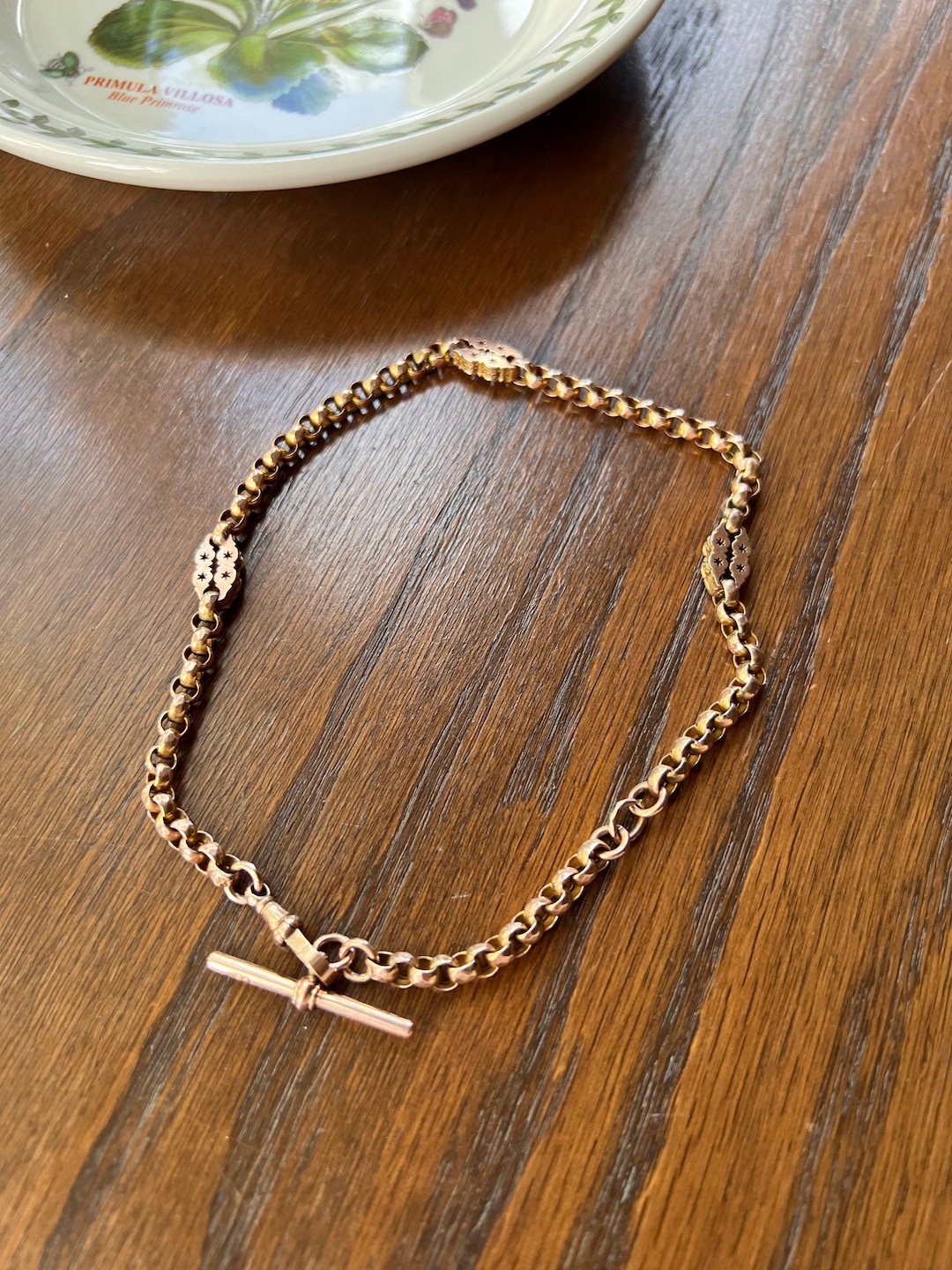 STARS Antique 16.5g 9k Gold 13.5&quot; CHOKER Necklace Rolo Belcher Watch CHAIN T Bar Toggle Dog Clip Clasp Victorian Neckmess Swivel Not 10k