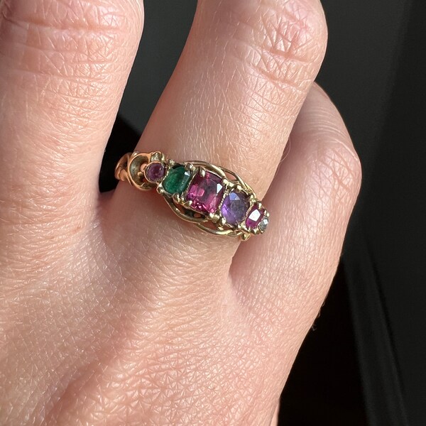 REGARD Ring Antique VICTORIAN 18k GOLD Ruby Emerald Garnet Amethyst Diamond Band Stacker Romantic Gift Love Token Colorful Stacker Acrostic