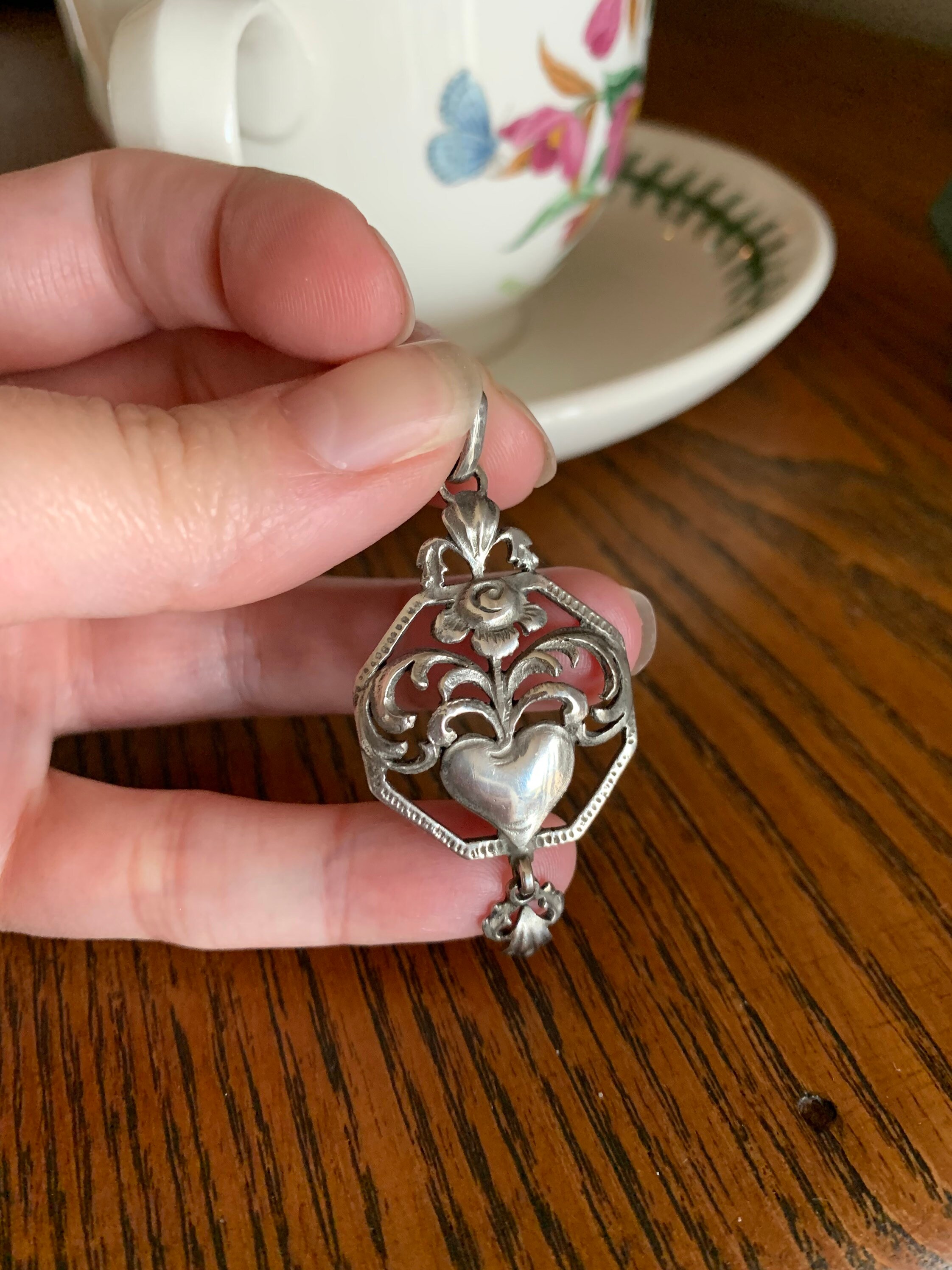 Art Nouveau HEART & ROSE Solid Silver Pendant Floral Etsy