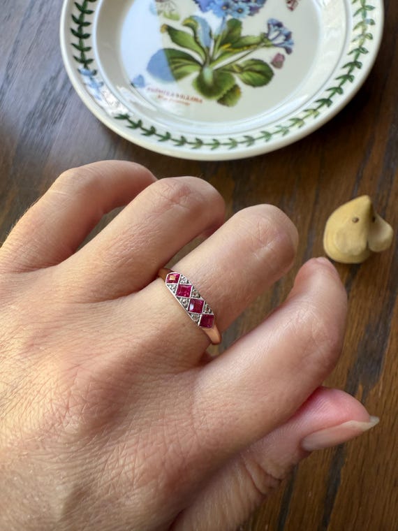 Geometric Antique Four Stone Square RUBY Rose Cut… - image 3