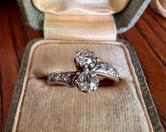 Toi et Moi French ANTIQUE .75 Carat Old Mine Cut DIAMOND Rose Cuts 18k Gold Stacker Band Romantic Gift You and Me Belle Epoque Victorian OMC