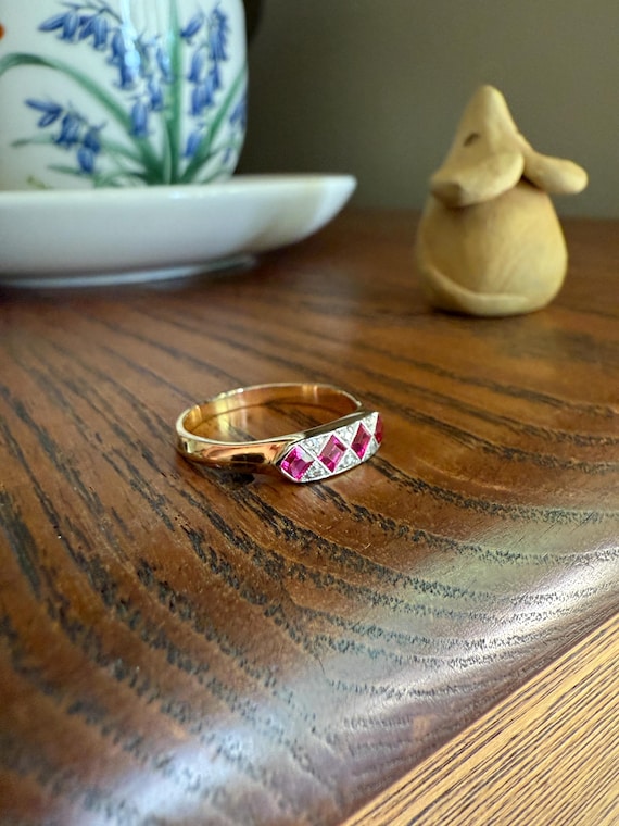 Geometric Antique Four Stone Square RUBY Rose Cut… - image 1