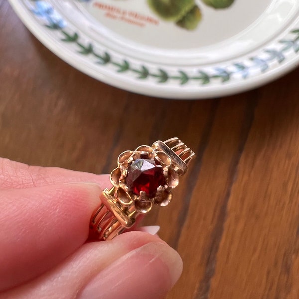 Antique Rose Cut GARNET French VICTORIAN 18k Gold Buttercup Ring Red Solitaire Linear Band Ornate Stacker Romantic Gift Love Victorian Sweet