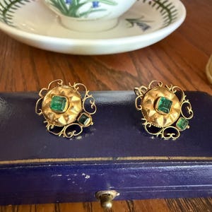 ANTIQUE Iberian Natural Square Cut EMERALD Georgian Era Floral Scrolling Dormeuse Earrings 18k Gold Hand Made Baroque Green