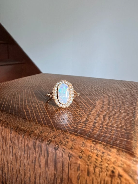 OPAL Pearl Halo Ring 9k Gold VICTORIAN Antique Orn
