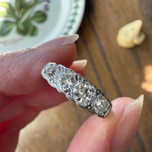 Antique 1.25 Carat Eye Clean Four Stone Old Mine Cut Diamond 18k White Gold French Band Romantic Gift Wedding Row Stacker Ringstack OMC