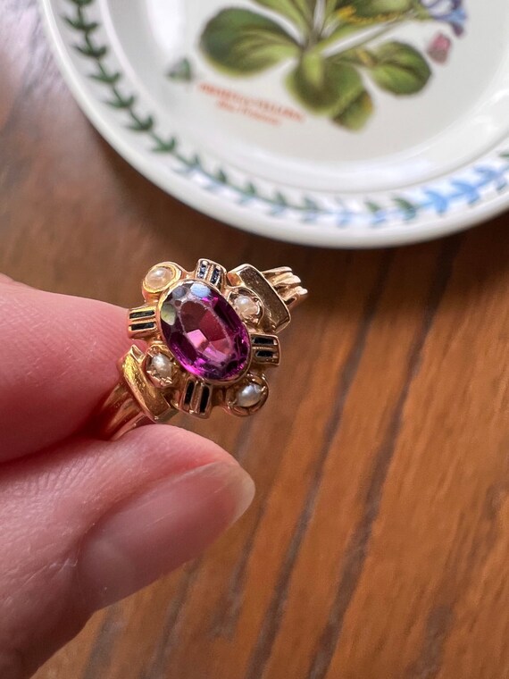 French Antique Black Enamel Purple AMETHYST RING … - image 2