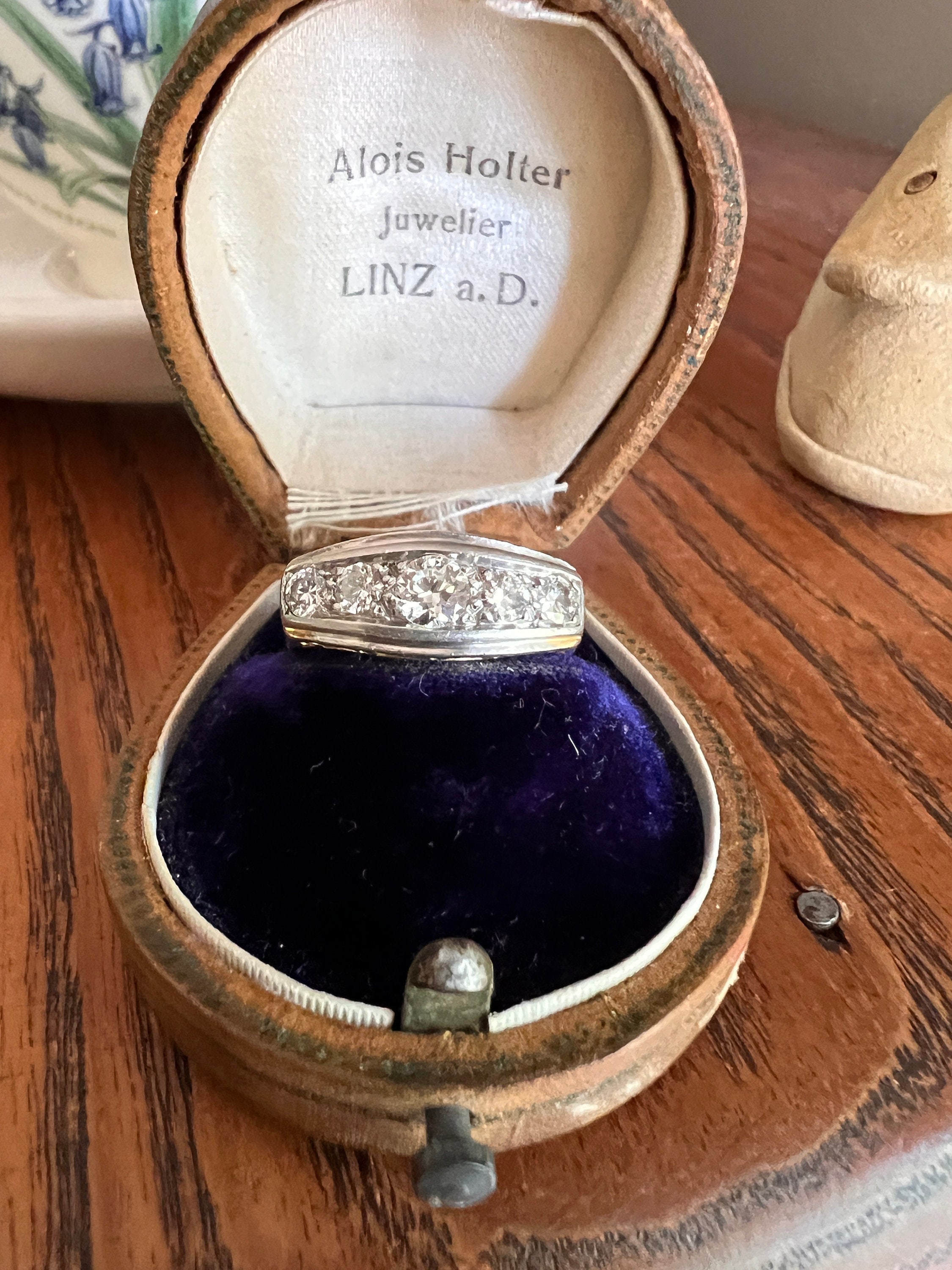 Art Deco .5 Carat Five Stone Ring 18k GOLD & PLATINUM Transitional Cut DIAMONDS Geometric Stacker Tall Boat Face Linear Vintage Antique .5ct