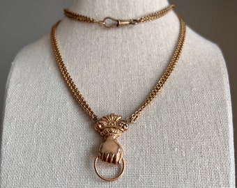XL FIST French Antique VICTORIAN Necklace Double Chain with Swivel Loop Pendant Holder 25g 9k 14k Gold Figural Hand Figa Neckmess Neckstack