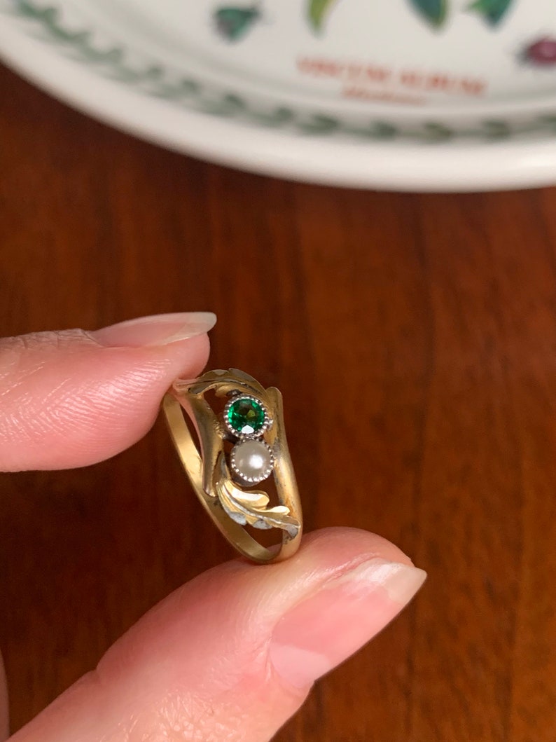 EMERALD Toi et Moi French Art NOUVEAU Gold Plated Solid SILVER Ring Green Leaf Belle Epoque Victorian Stacker Sweet Gift
