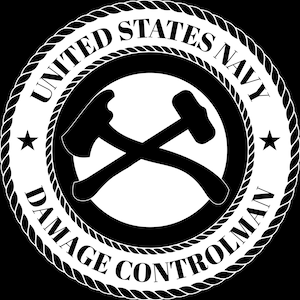 May include: Black and white circular emblem with the text "UNITED STATES NAVY DAMAGE CONTROLMAN" around the edge. In the center is a white circle with two crossed axes, one with a hammer head and the other with an axe head.