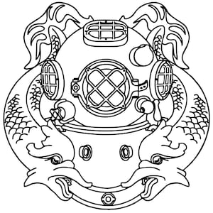 May include: A black and white line drawing of a diving helmet with two fish flanking the sides. The fish are facing each other with their tails curled around the helmet.
