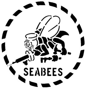 May include: Black and white illustration of a bee holding a wrench and a gun, inside a circle with a dashed line border. The text "SEABEES" is below the bee.