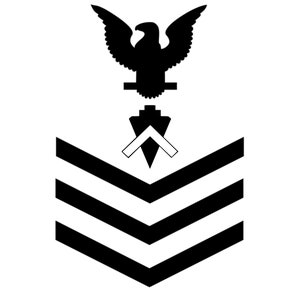 May include: Black and white insignia with three chevrons and a stylized eagle above a spearhead.