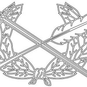 May include: A black and white line drawing of two crossed swords with feathers on either side. The swords are crossed at the hilt and the feathers are arranged in a symmetrical pattern.