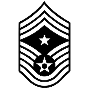 May include: Black and white military rank insignia with five stripes and a star in the center.