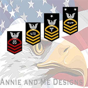 May include: Four rectangular United States Navy rank insignia patches featuring a black background, a white eagle emblem at the top, and gold or red chevron stripes. Each patch displays a unique symbol including crossed anchors, a tank, a caduceus, and tools.
