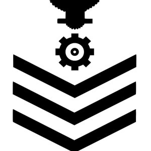 May include: Black and white image of a military rank insignia with three chevrons, a gear, and an eagle. The text "CHOOSE YOUR RANK AND RATING" is below the insignia.