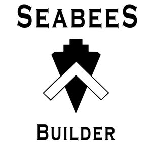 May include: A black and white graphic design featuring the word SEABEES in a serif font at the top and the word BUILDER in the same font at the bottom. In the center is a black arrowhead shape overlaid with a white chevron symbol.