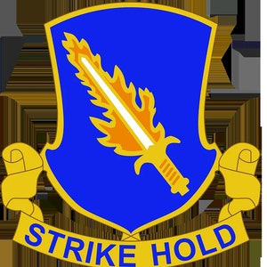 May include: A blue shield with a gold border and a flaming sword inside. The shield is surrounded by a gold scroll with the words "Strike Hold" written on it.
