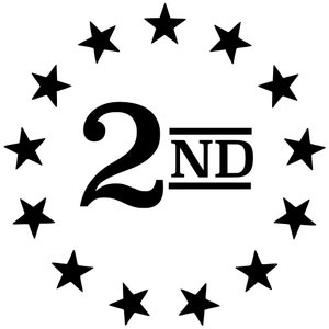 May include: Black and white graphic of the number "2ND" surrounded by a circle of 12 stars.