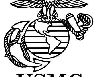 May include: A black and white graphic emblem featuring an eagle perched atop a globe, which is positioned in front of a fouled anchor. The text USMC is printed in a bold, serif font directly below the central emblem design.