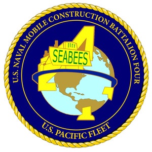 May include: A circular emblem with a navy blue background, featuring a gold rope border. The emblem includes text that reads "U.S. NAVAL MOBILE CONSTRUCTION BATTALION FOUR" and "U.S. PACIFIC FLEET". A large yellow "4" shape is in the center, with the word "SEABEES" in green.