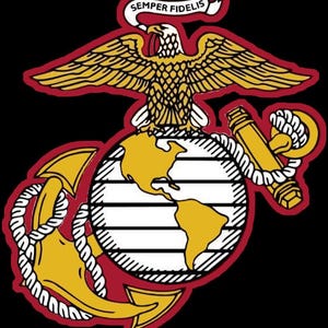 May include: A red, gold, and white emblem featuring a gold eagle with outstretched wings atop a globe. The globe is encircled by a rope and anchor design. The text "Semper Fidelis" is displayed above the eagle.