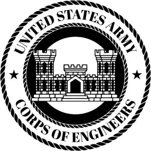 May include: Black and white United States Army Corps of Engineers emblem. The circular design features text, a castle illustration, and two stars. The outer border is a rope design.