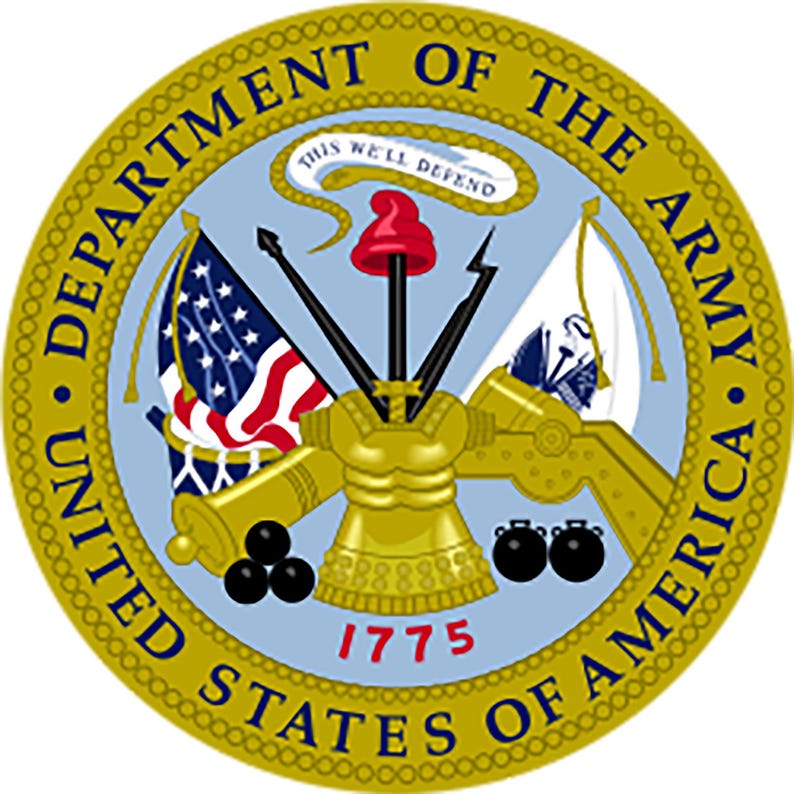 May include: The official seal of the United States Department of the Army. The circular emblem features a central design with a gold-colored breastplate, cannons, and flags. The text "DEPARTMENT OF THE ARMY" and "UNITED STATES OF AMERICA" are inscribed around the border.