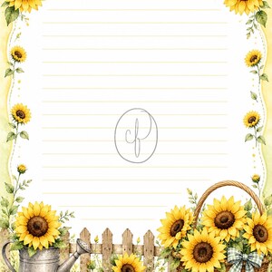May include: A piece of stationery featuring a white lined writing area framed by yellow sunflowers, green leaves, a wooden fence, a metal watering can, and a woven basket with a green and white checkered bow, plus a small yellow heart at the top.