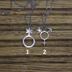 Puede incluir: Dos collares de plata con símbolos de género como colgantes. El collar de la izquierda tiene un símbolo con un círculo y una cruz, etiquetado como "1". El collar de la derecha tiene un símbolo con un círculo, una cruz y una flecha, etiquetado como "2".