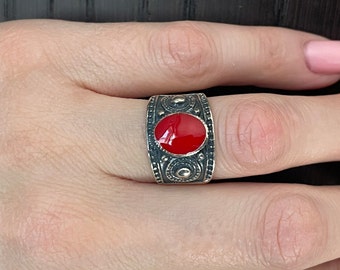 Ethnic  Ring,Avant-Garde Series Armenian Sterling Silver Ring ,Spectacular ring with red stone,  Armenian Jewelry, Silver Ring