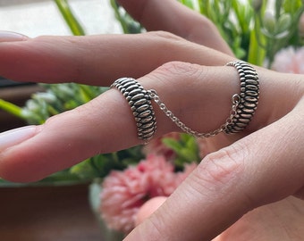 Double ring Silver 925, Ethnic jewelry ,Sterling silver, simple design ,Adjustable rings, Full finger cover with Armenian chain