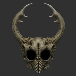 May include: A detailed, off-white skull mask with large, curved horns. The mask features large eye sockets, a detailed nasal cavity, and textured surfaces. The horns have multiple points, and the overall design suggests a fantasy or gothic theme.