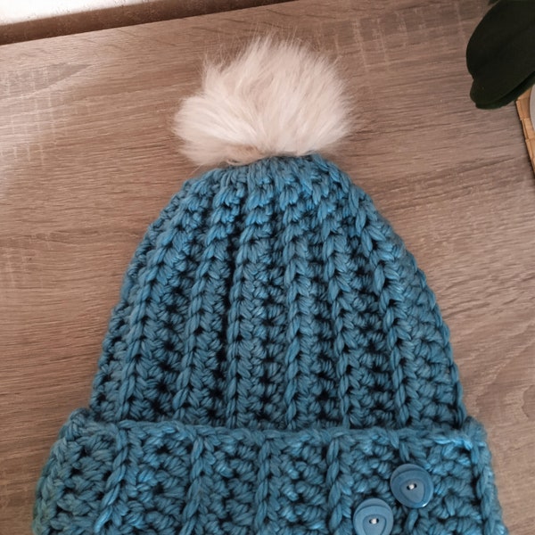 Le bonnet bleu pompon grosse laine