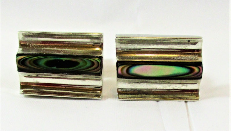 Vintage Signed Artisan Solid Sterling Silver Taxco Mexico Cufflinks Abalone Inlay Modernist Channeled