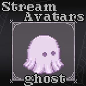Op de afbeelding: Een gepixeld beeld van een lichtpaarse spookavatar met twee donkerpaarse ogen. De tekst "Stream Avatars" staat bovenaan en het woord "ghost" onderaan, allemaal in een gepixeld lettertype. De geest staat in een decoratief kader.