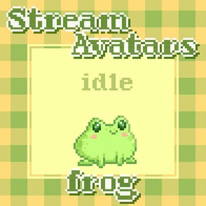 May include: A pixelated image featuring a green frog with pink cheeks, labeled "idle frog." The text "Stream Avatars" is at the top, with a yellow background and a green and yellow plaid pattern.