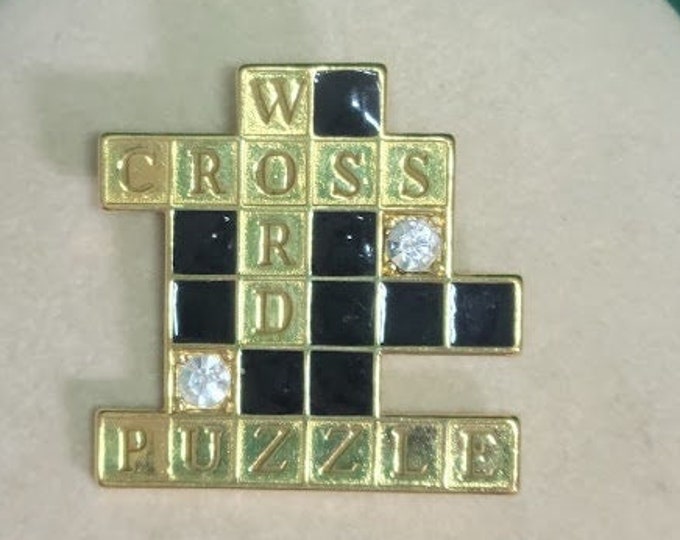 Vintage Crossword Puzzle Brooch. Black. Gold. Rhinestones. Cross Word