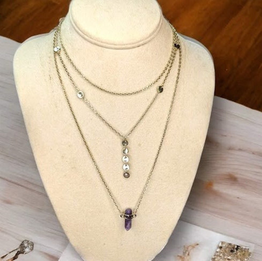 Trendy Layered Drop Down Necklace Gold Tone With Amethyst Pendant