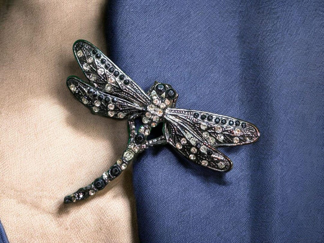 Vintage Dragonfly Brooch • Art Deco Insect Pin • Rhinestone