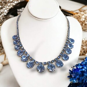 Vintage 1950s Ice Blue Rhinestone Choker Necklace, Vintage Frosted Blue Rhinestone Collar Necklace