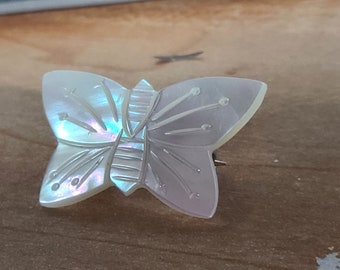 Vintage Small Hand Carved Mother Of Pearl Butterfly Pin,