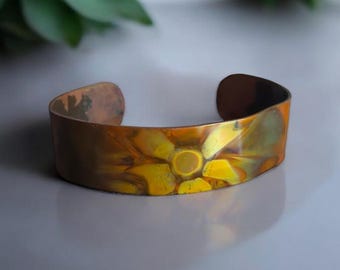Vintage Copper Cuff Bracelet – Hand-Etched Sunflower Design – Boho Floral Jewelry