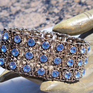 Vintage Shabby Chic Baby Blue Rhinestone Bracelet - Stretch Jewelry for Women - Elegant Retro Style Gift