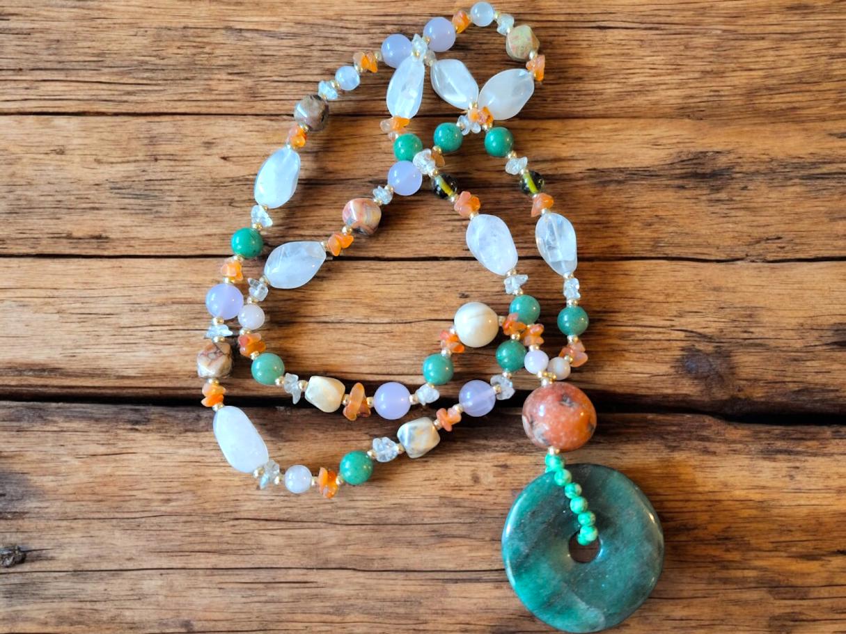 Collier De Perles De Jade Vintage Cœur Cristaux Diamant - Réf. 5369, Occasion Parfait état