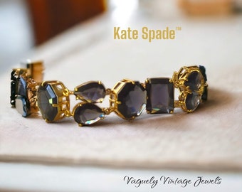 Retired Rare Kate Spade Statement Bracelet - Faceted Black Gem & Gold Link, Wide Design for Elegant Evening Wear, Perfect Gift for Her