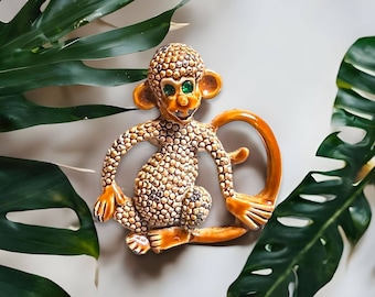 Vintage Whimsical Textured  Signed Gerry's Green Eyed Brown Enameled Monkey Brooch/pin