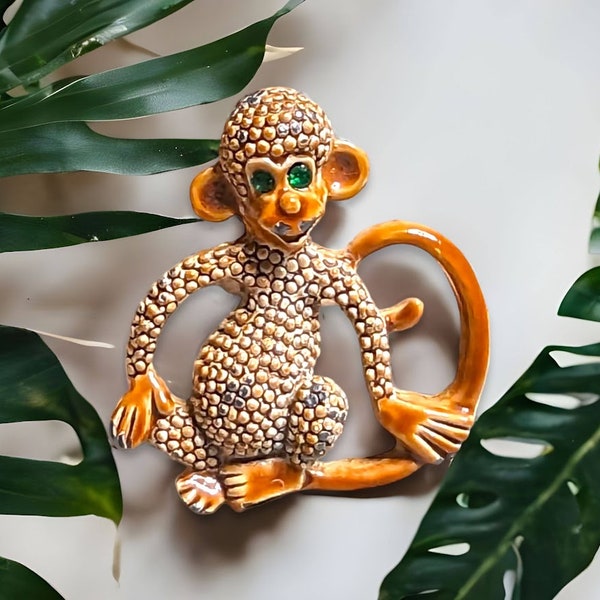 Vintage Whimsical Textured  Signed Gerry's Green Eyed Brown Enameled Monkey Brooch/pin